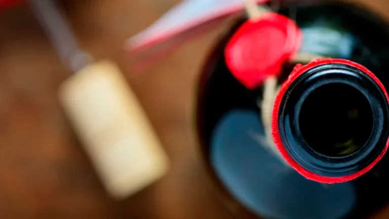 Garrafa de vinho aberta, com o abridor e a rolha postos à mesa