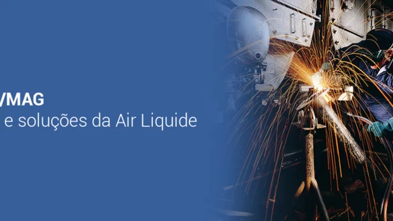 Montagem com um profissional trabalhando com soldagem, um letreiro diz "Solda MIG/MAG - Diferenças e soluções da Air Liquide"