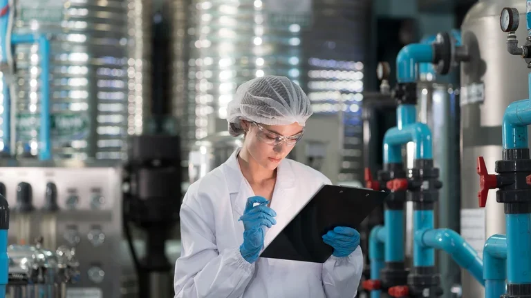 Mulher olhando para prancheta em um laboratório com gases puros