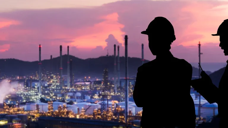 Dois trabalhadores observando uma indústria química