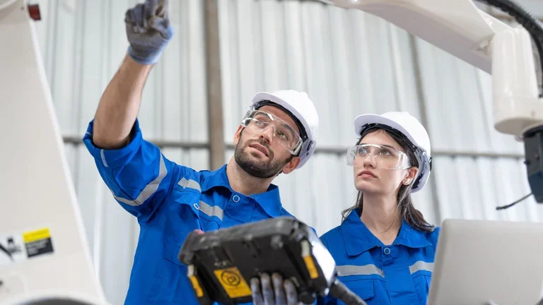 Duas pessoas em uma fábrica analisando um equipamento