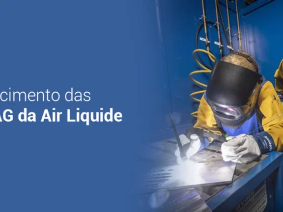 Montagem com um profissional trabalhando com soldagem, um letreiro diz "Modos de fornecimento das Soldas MIG/MAG da Air Liquide"