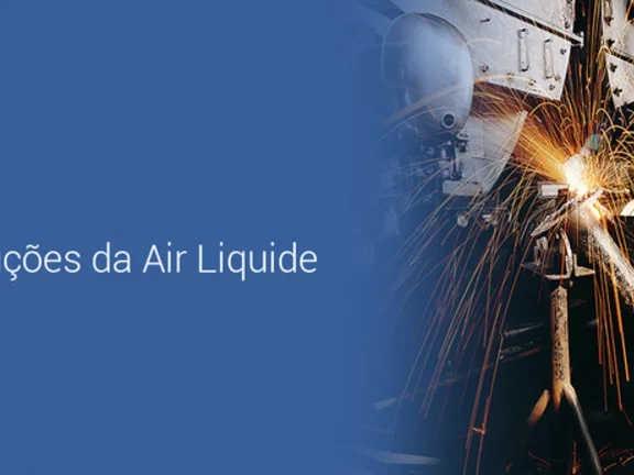 Montagem com um profissional trabalhando com soldagem, um letreiro diz "Solda MIG/MAG - Diferenças e soluções da Air Liquide"
