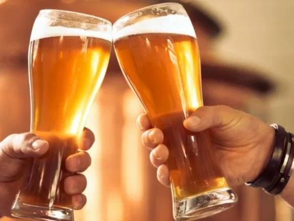 Um brinde entre duas canecas cheias de chopp claro