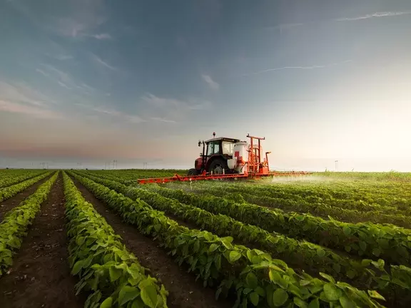 Trator de pulverização de um campo de soja