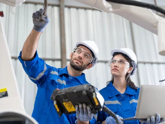 Duas pessoas em uma fábrica analisando um equipamento