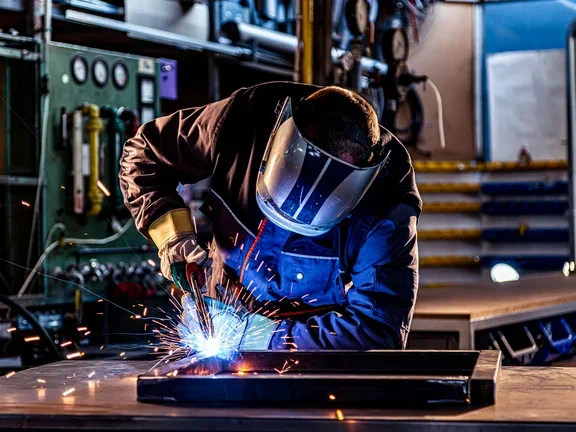 Homem com equipamentos corretos realizando soldagem 